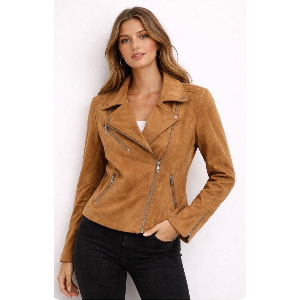 VICI Womens Tan Faux Suede Asymmetric BohoMoto Biker Jacket XL Camel